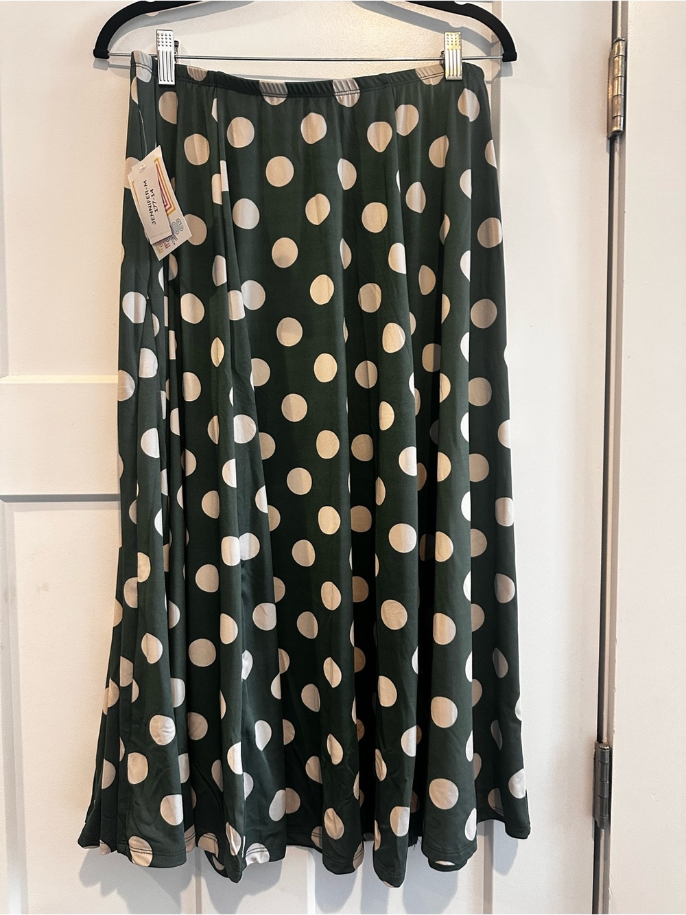 LuLaRoe Jennifer Polka Dot Midi Skirt - Dark Green with Taupe Dots